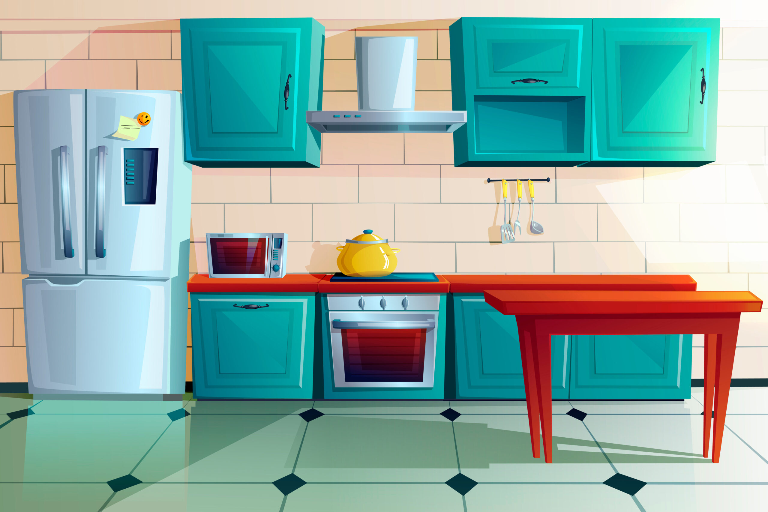 Kitchen interior witn furniture cartoon vector illustration. Home cooking room with wooden dining table, blue kitchen cabinets, fridge with magnet and reminder, oven, microwave, hob and extractor hood